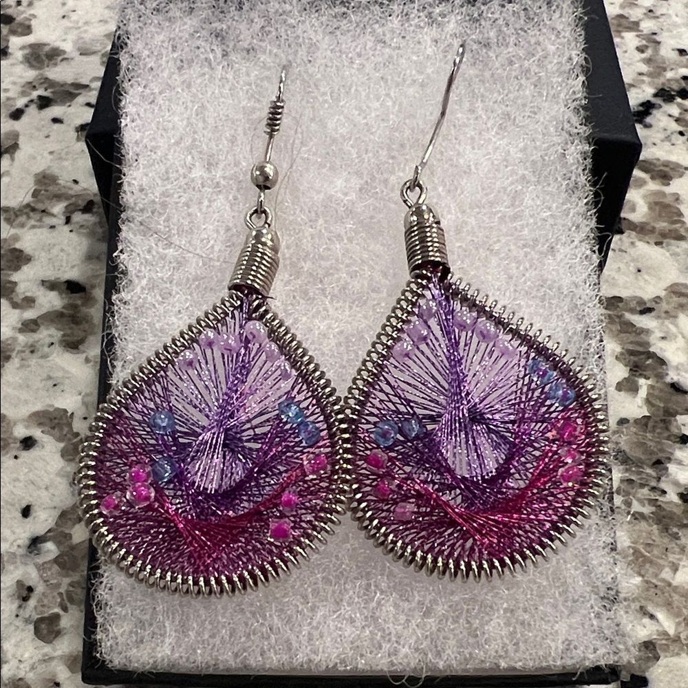 Handmade Silver Wire and Purple and Pink Thread Teardrop Earrings
